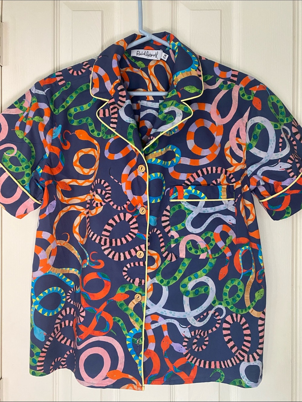 Rachel Antonoff Navy Short-Sleeve Button-Down Shirt with Multicolor Snake Print